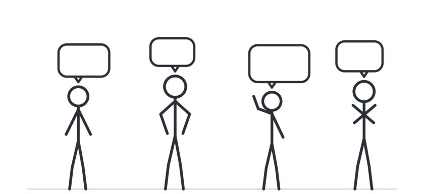 Four stick figures with empty speech bubbles